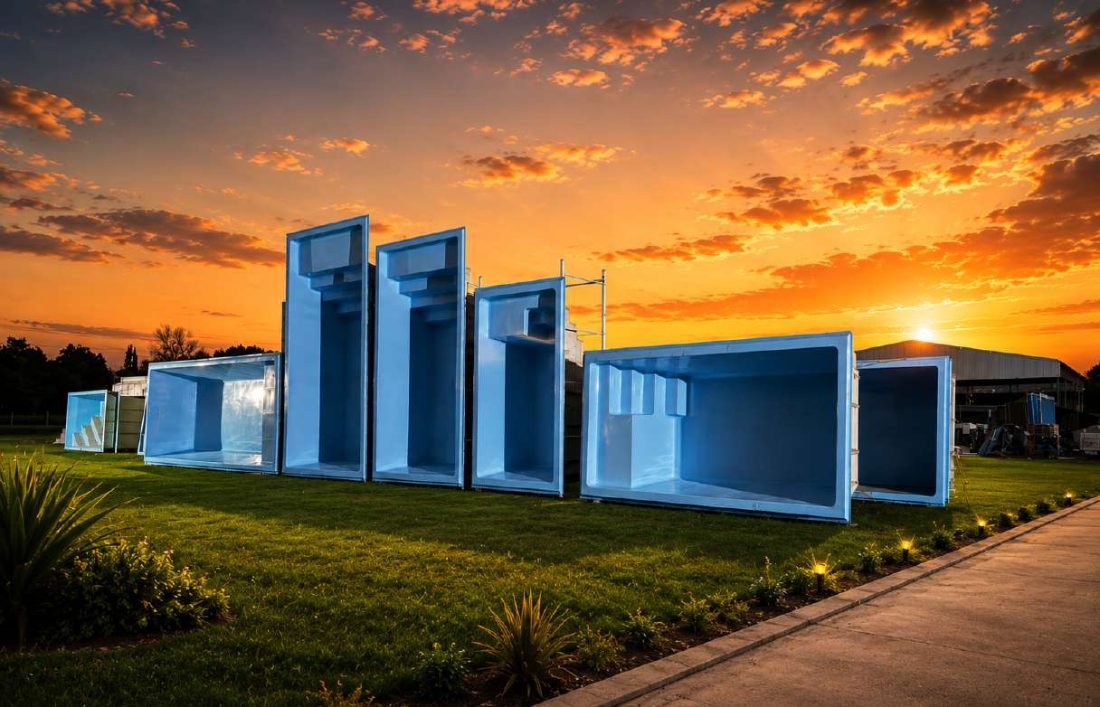 Piscinas terminadas en la planta de Villa María al atardecer